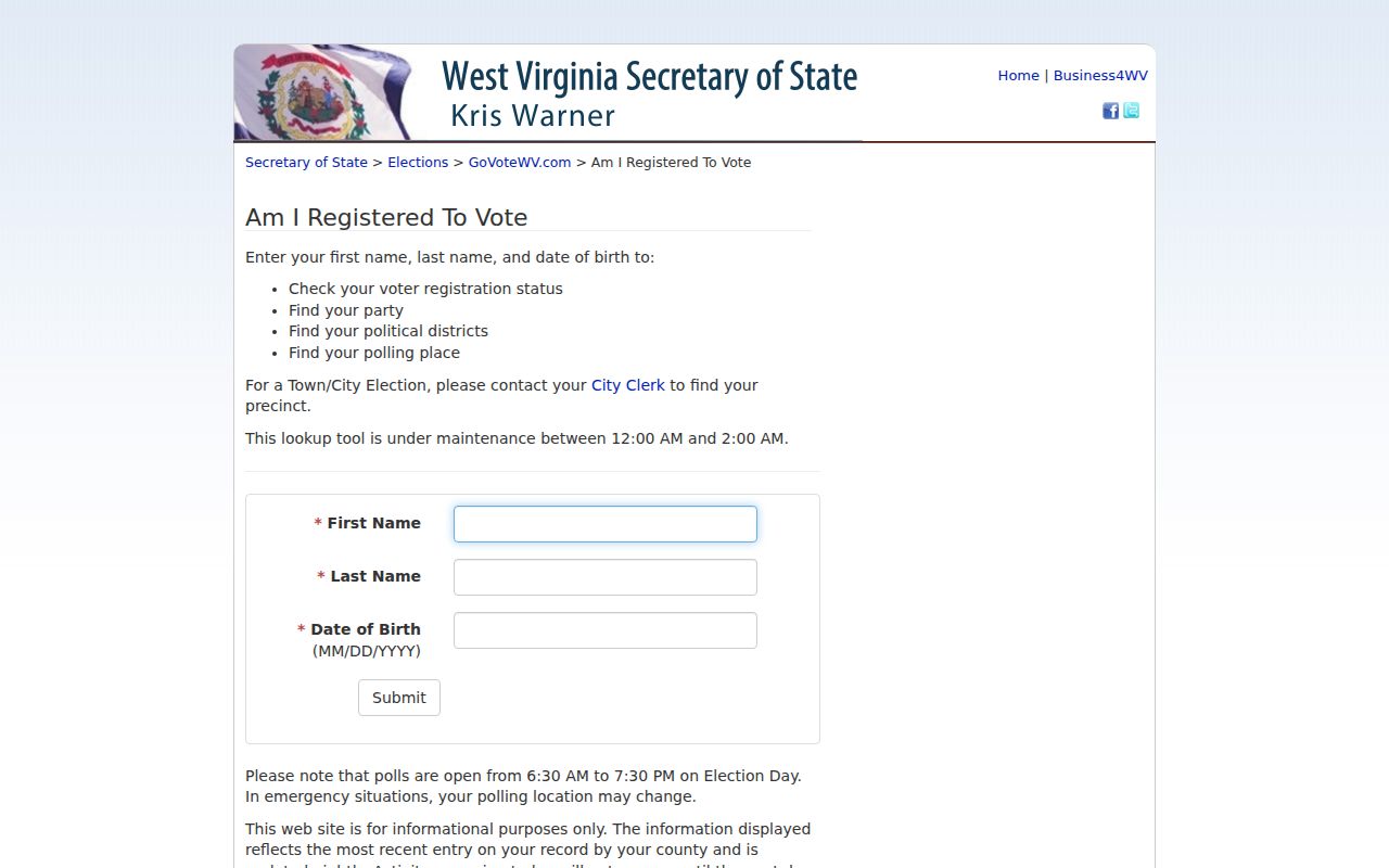West Virginia voter registration form used for a single known person