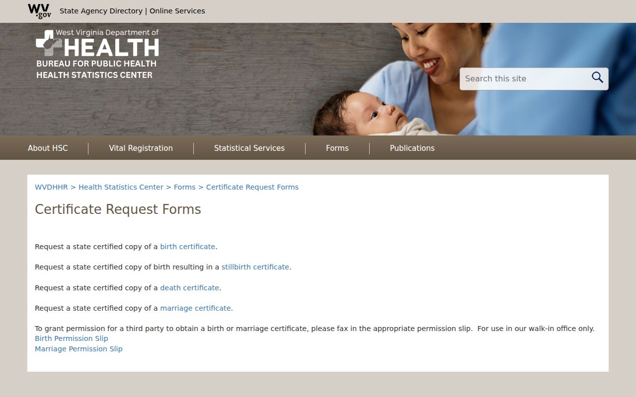 West Virginia vital certificate forms for resident verification